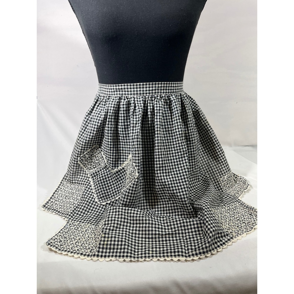 VTG Gingham 1/2 Apron Women Black White Chicken Scratch Embroidery Rickrack Trim